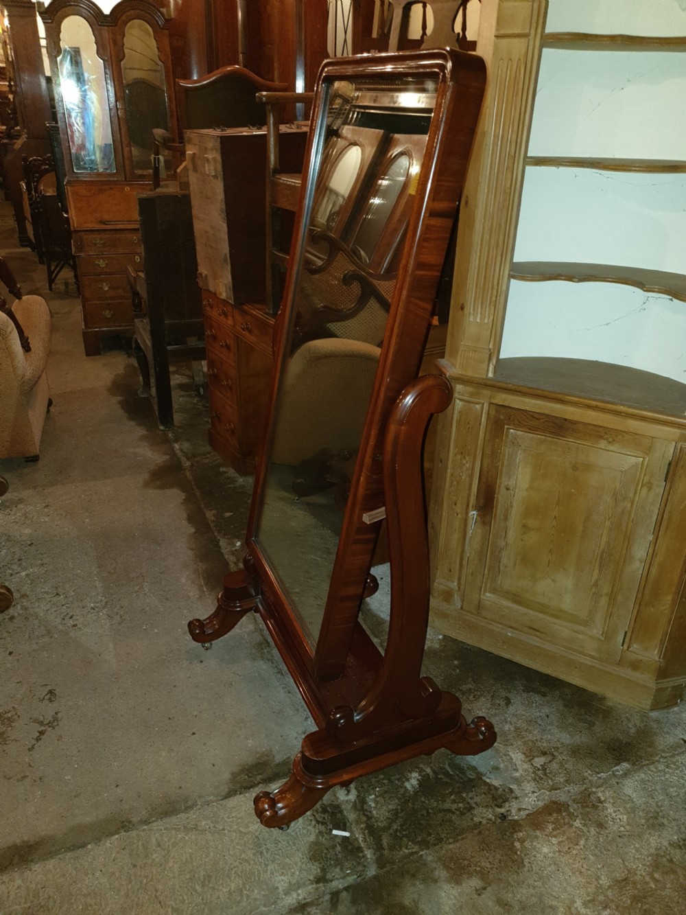 Mid 19th century mahogany cheval mirror.  View III