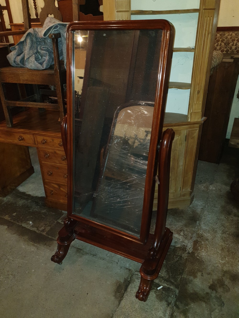 Mid 19th century mahogany cheval mirror.  View IV
