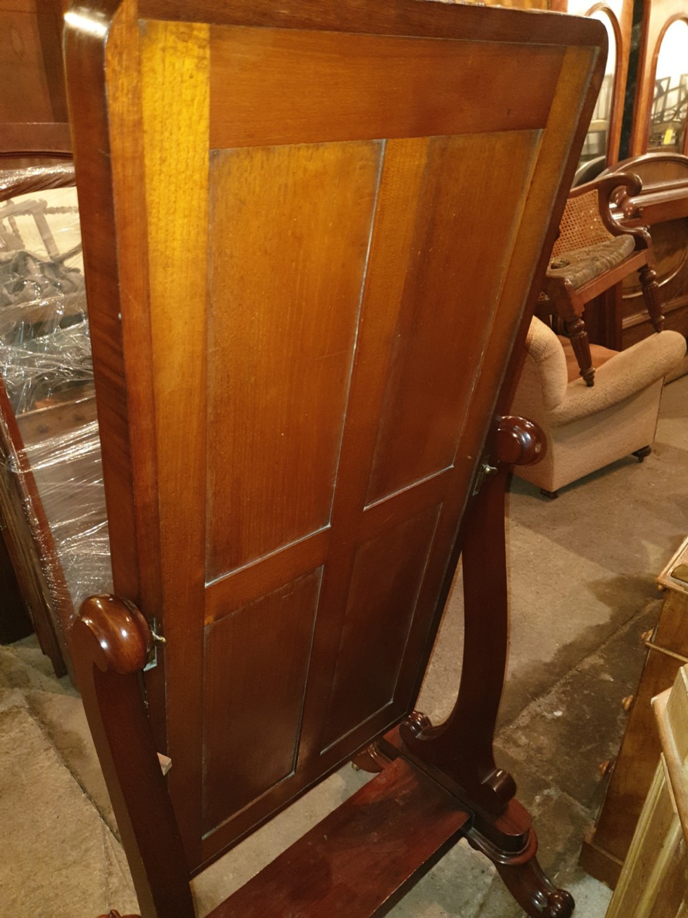 Mid 19th century mahogany cheval mirror.  View V