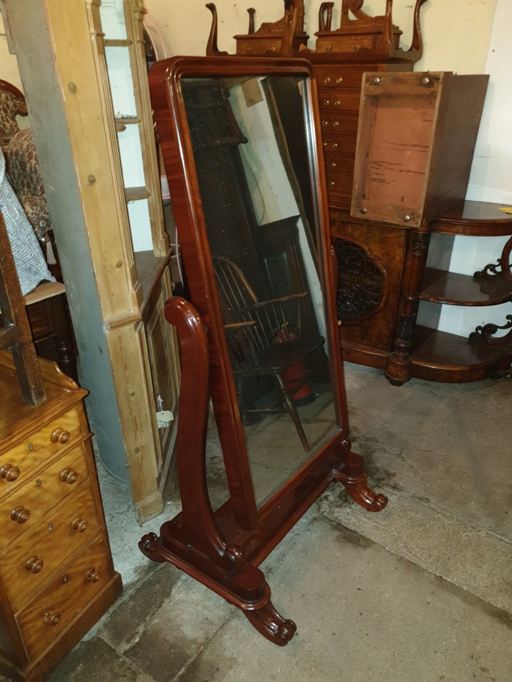Mid 19th century mahogany cheval mirror.  View VI