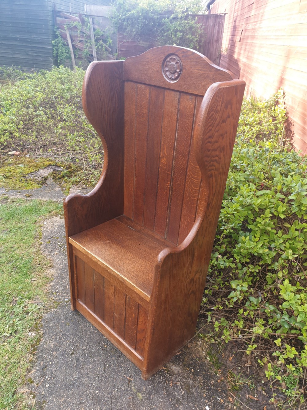 Small oak hall seat with lift up seat. View II