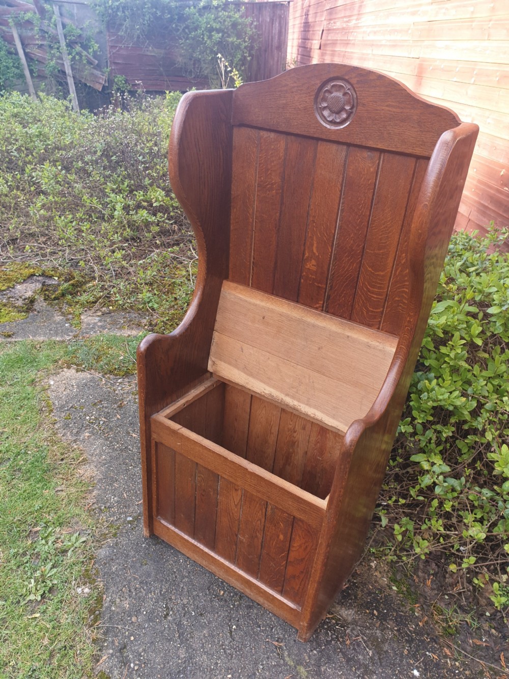 Small oak hall seat with lift up seat. View III