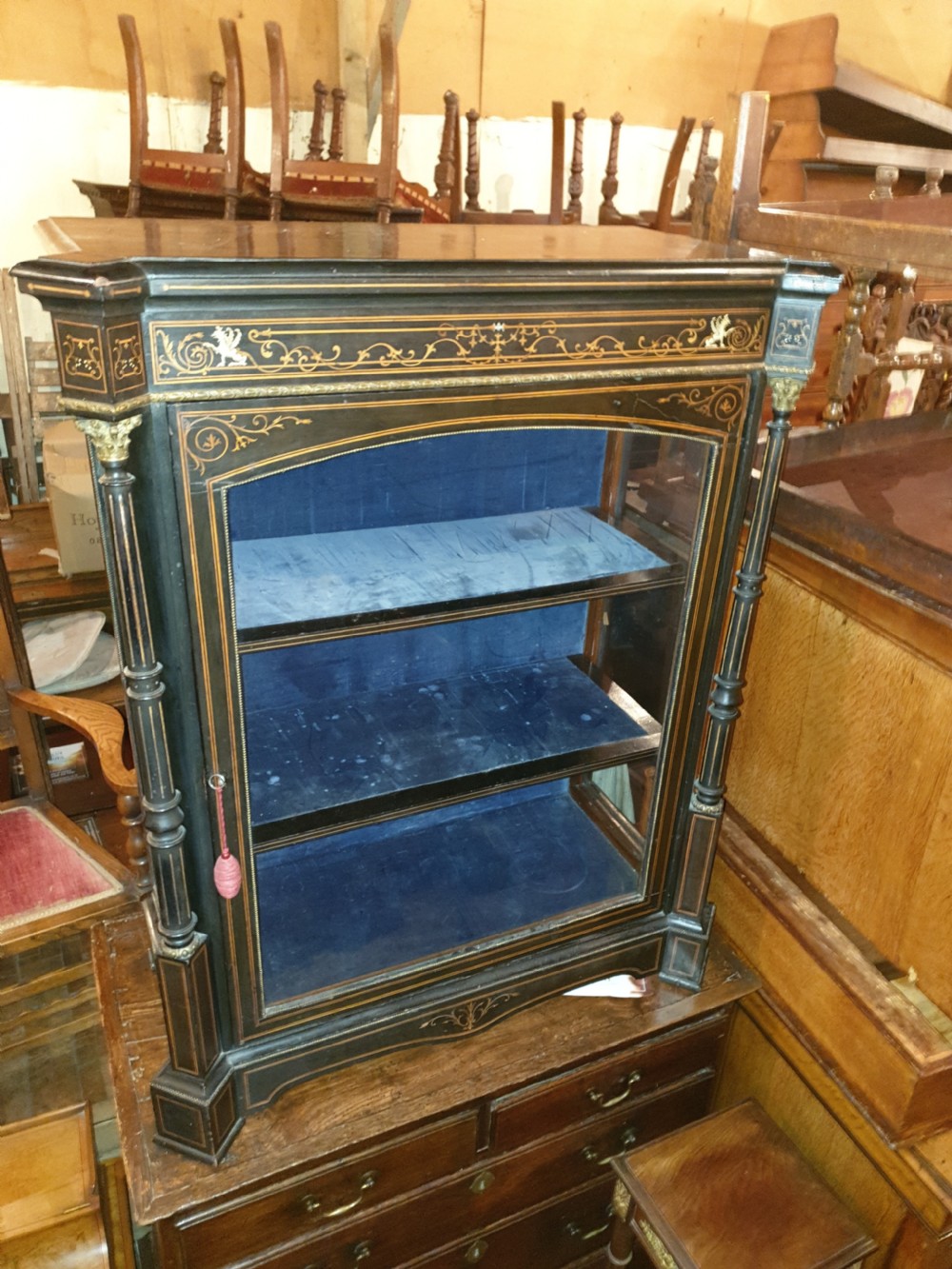 Victorian ebonised inlaid pier cabinet  View II