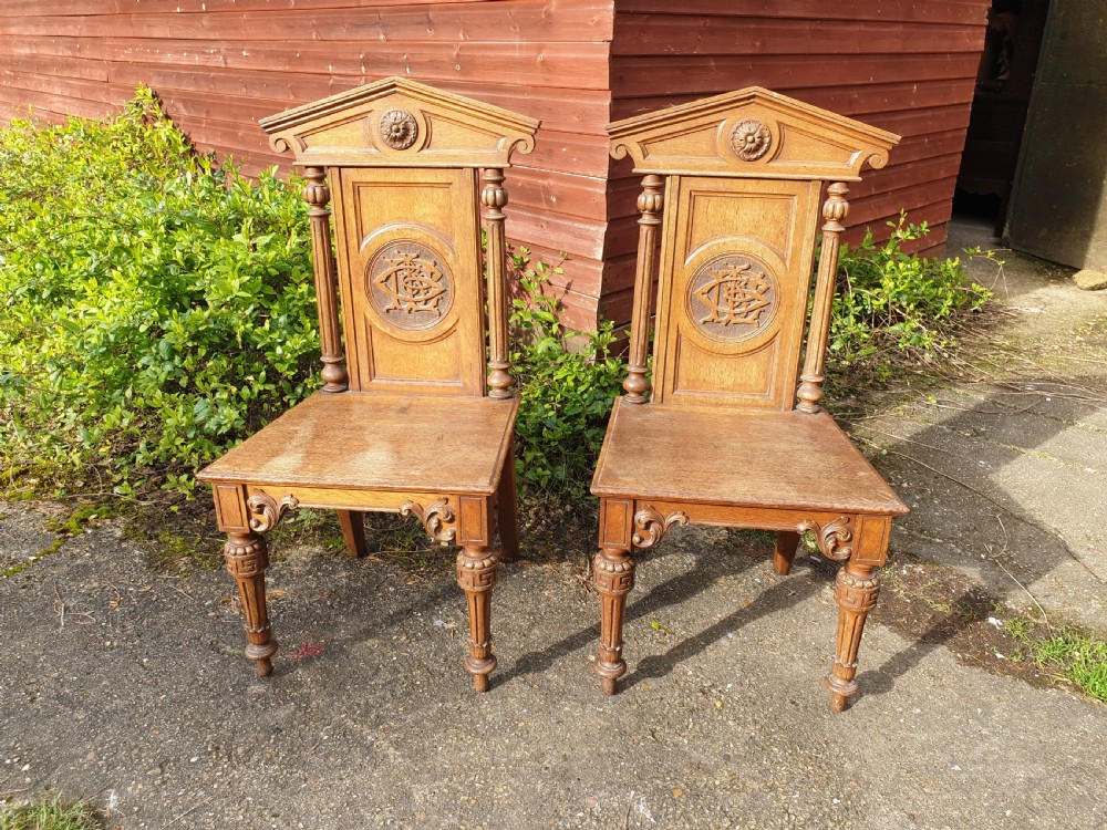 Pair Victorian oak hall chairs View II