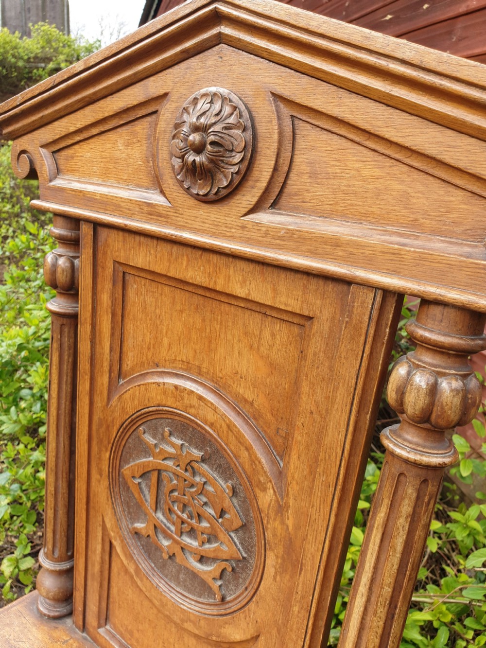 Pair Victorian oak hall chairs View IV