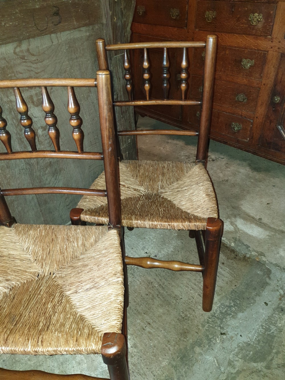 Set of 4 Early Victorian rush seat country chairs View V