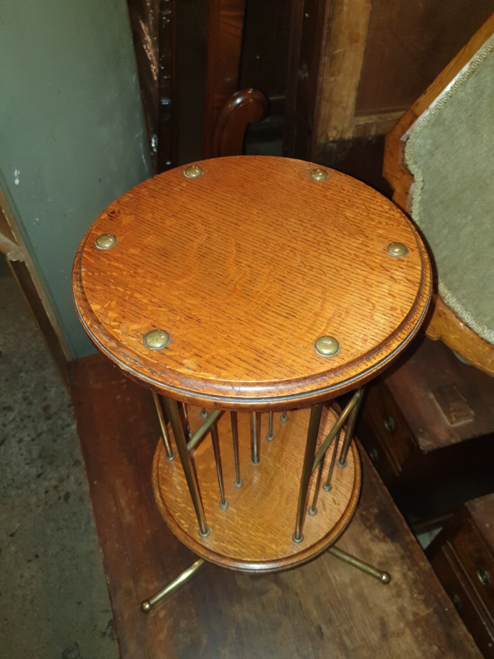 Good oak and brass magazine revolving stand View III