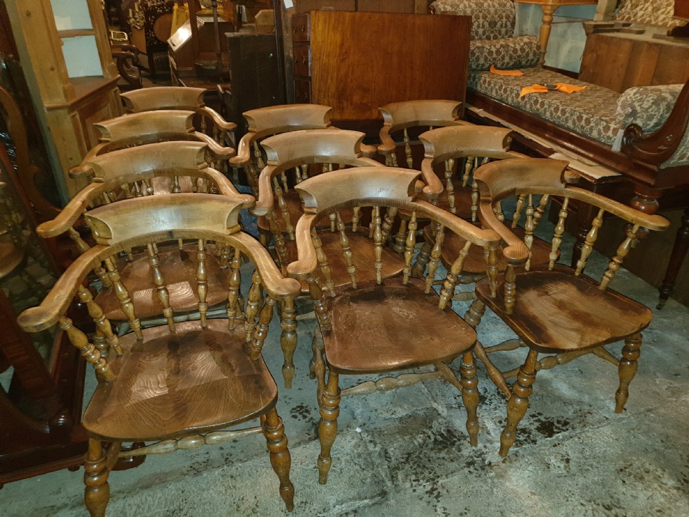 Good set of 10 original Smokers Bow kitchen armchairs 