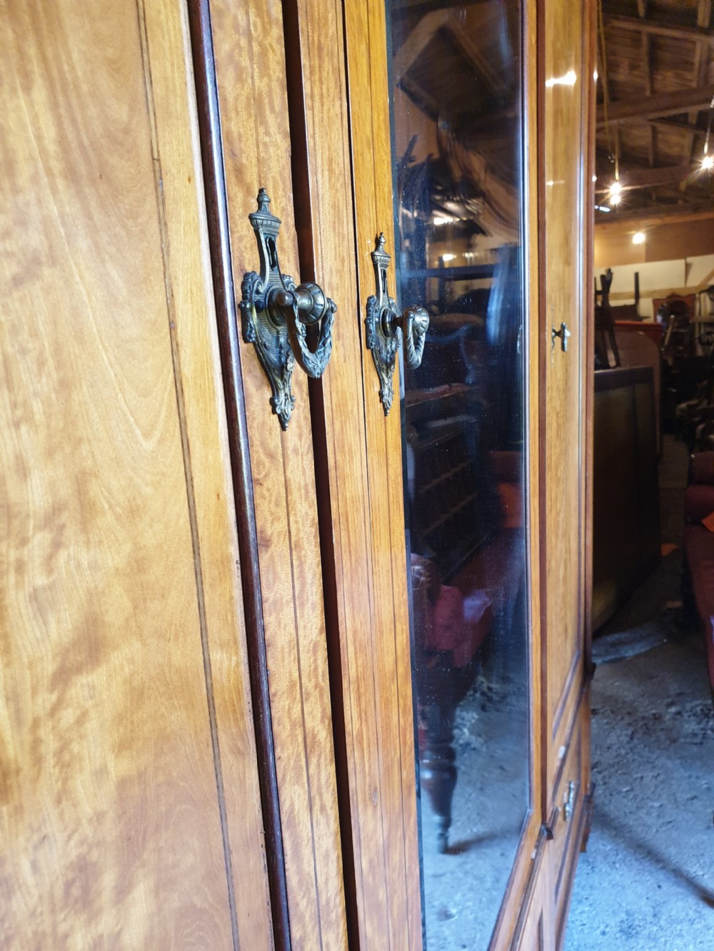 Good quality late Victorian satinwood triple wardrobe.  View IV