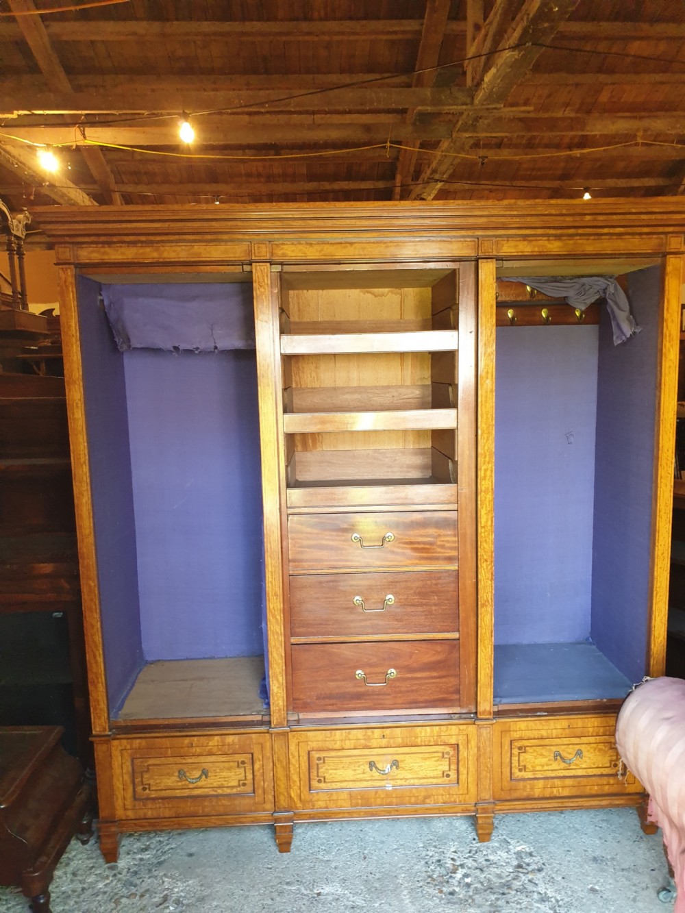 Good quality late Victorian satinwood triple wardrobe.  View VI