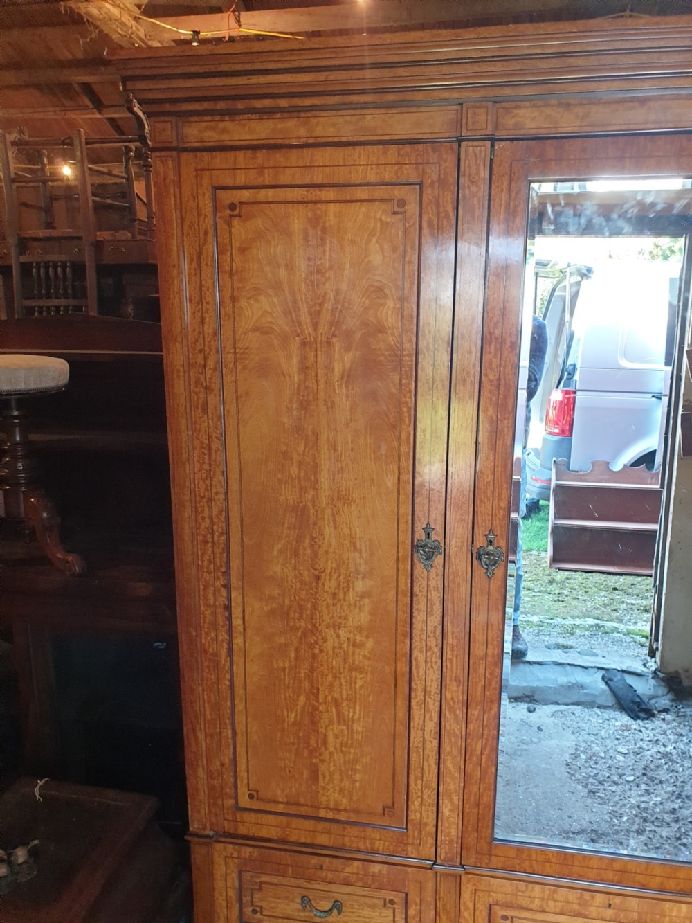 Good quality late Victorian satinwood triple wardrobe.  View VII