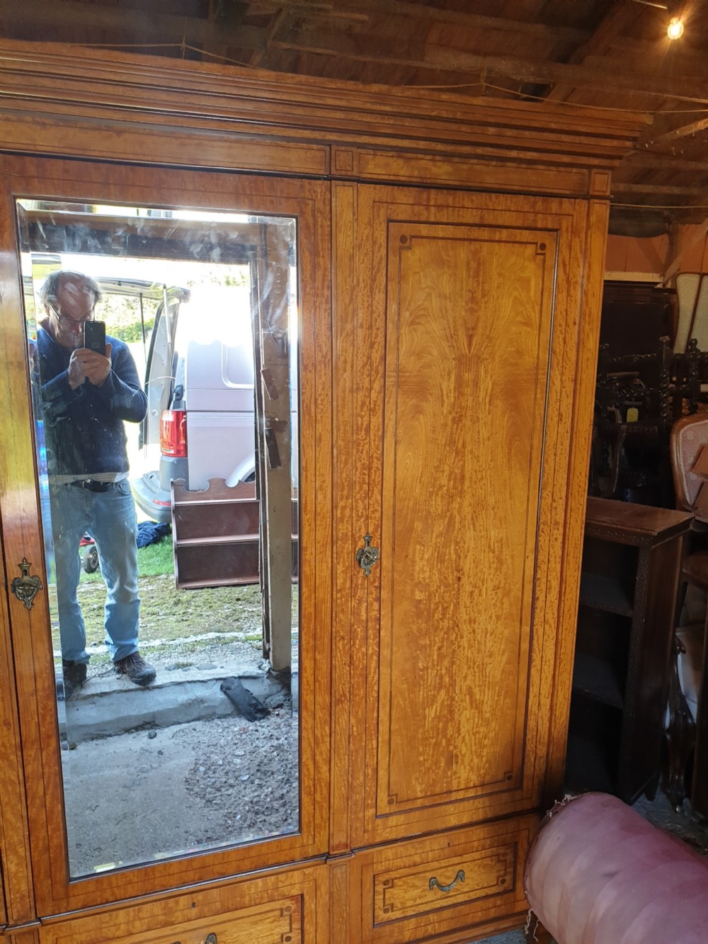Good quality late Victorian satinwood triple wardrobe.  View VIII