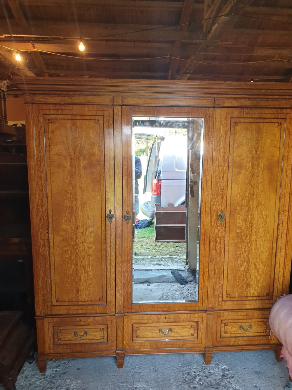 Good quality late Victorian satinwood triple wardrobe.  View IX