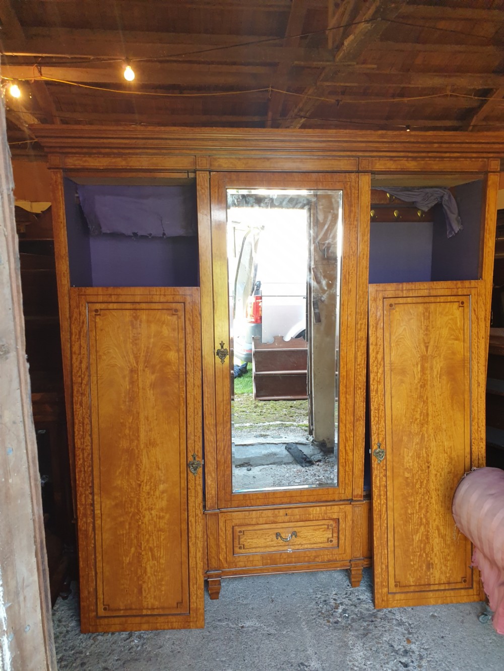 Good quality late Victorian satinwood triple wardrobe.  View XI
