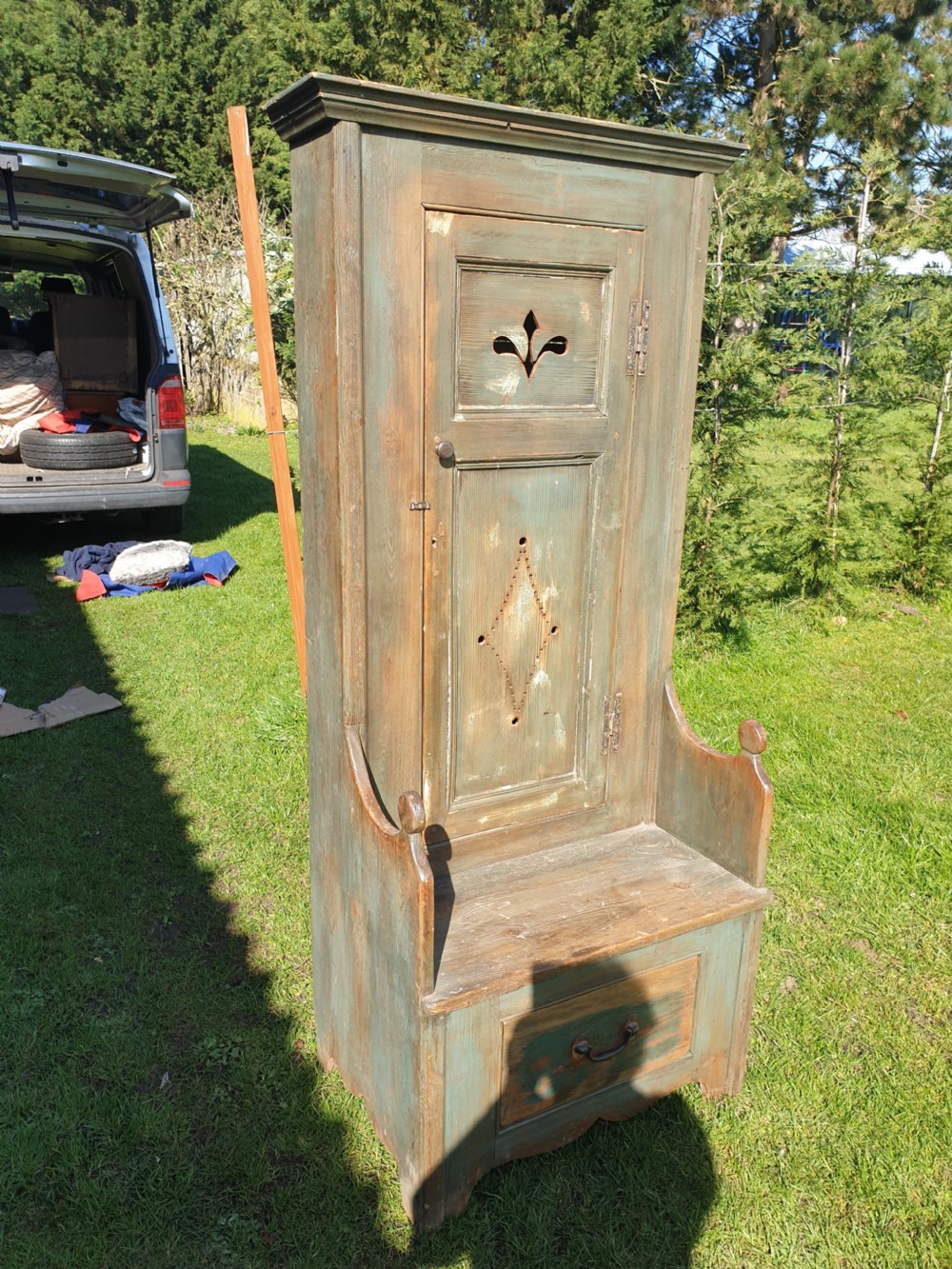 Early 20th century hall seat with cupboard.  View V