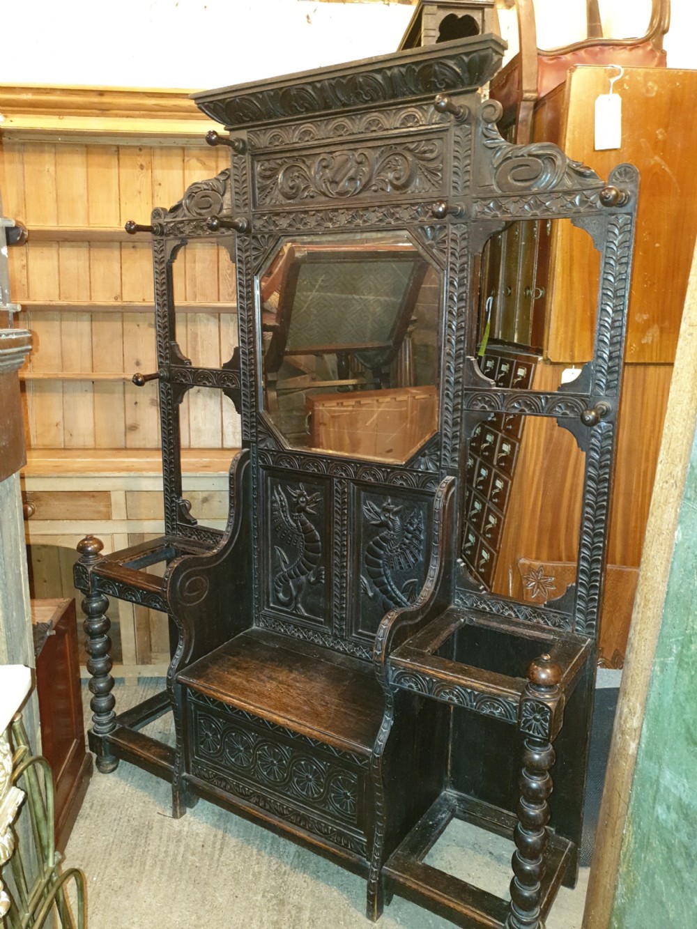 Large Victorian carved oak box seat hallstand