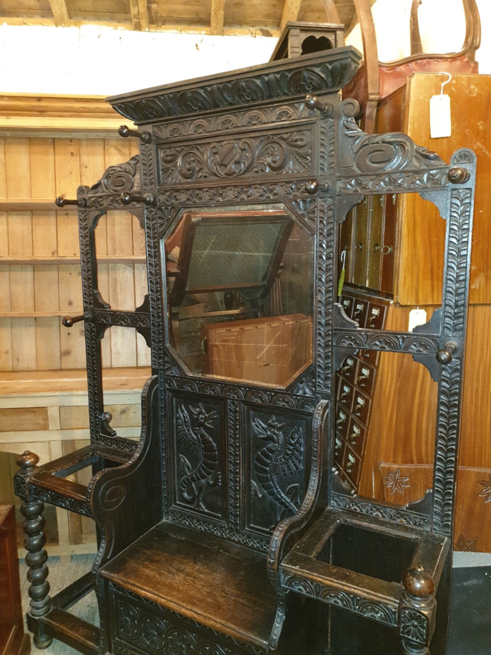 Large Victorian carved oak box seat hallstand View II