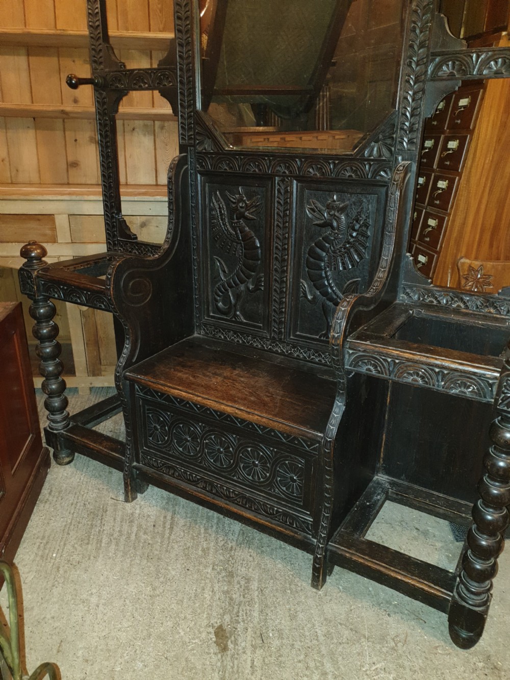 Large Victorian carved oak box seat hallstand View III