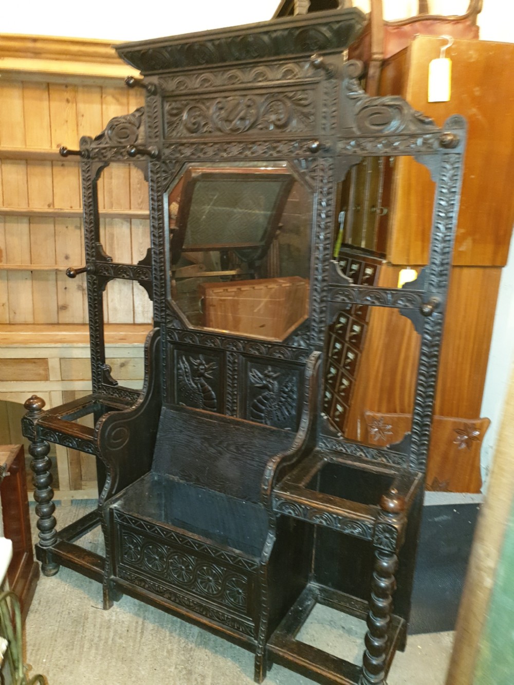 Large Victorian carved oak box seat hallstand View IV