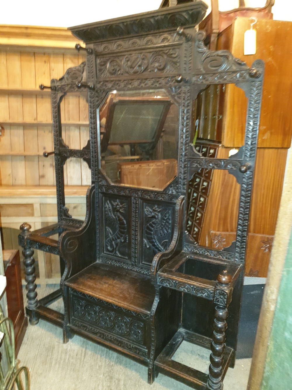 Large Victorian carved oak box seat hallstand View V