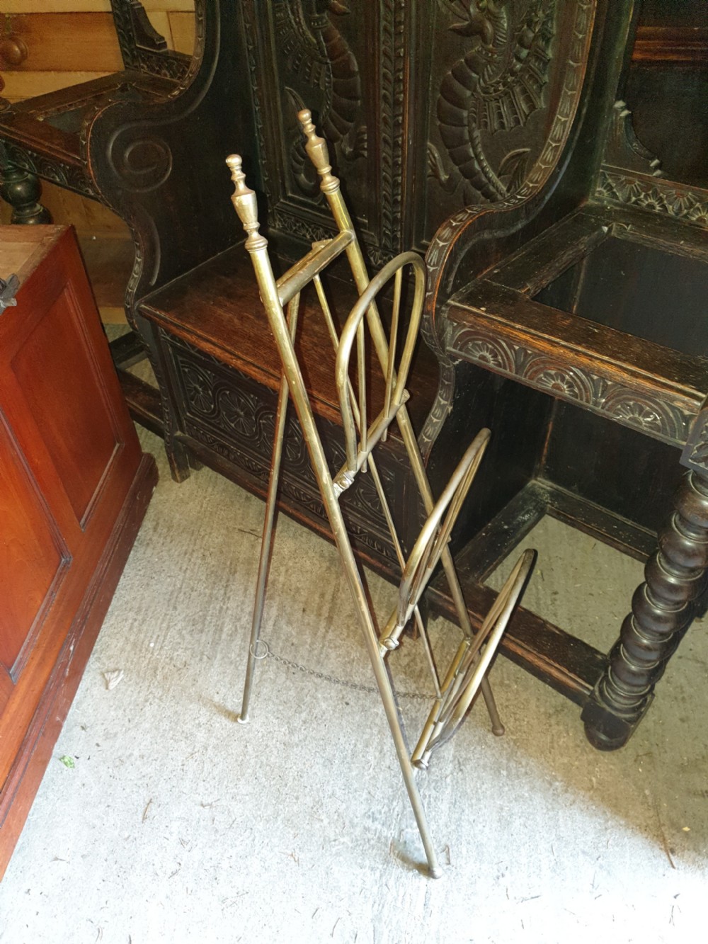 Edwardian brass 3 tier folding magazine rack. View III