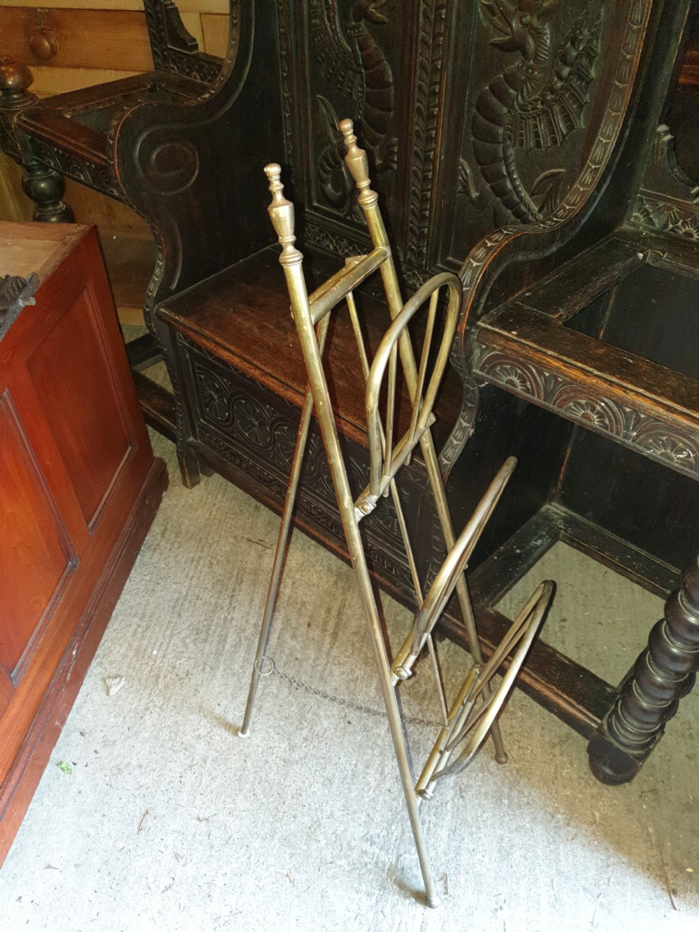 Edwardian brass 3 tier folding magazine rack. View IV