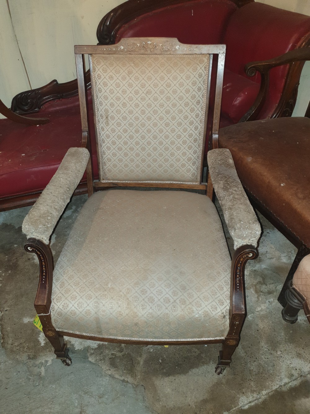 Pretty inlaid rosewood upholstered armchair. 