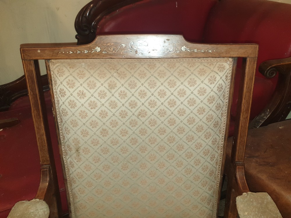Pretty inlaid rosewood upholstered armchair.  View III