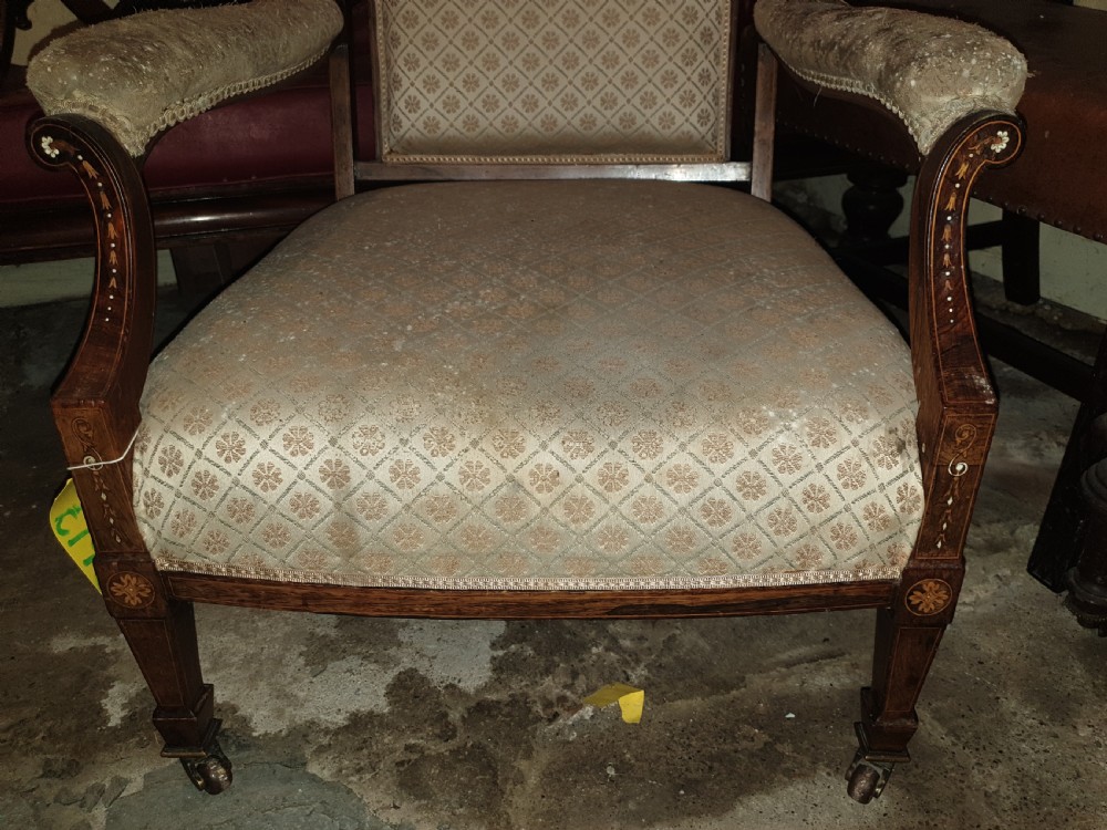 Pretty inlaid rosewood upholstered armchair.  View IV