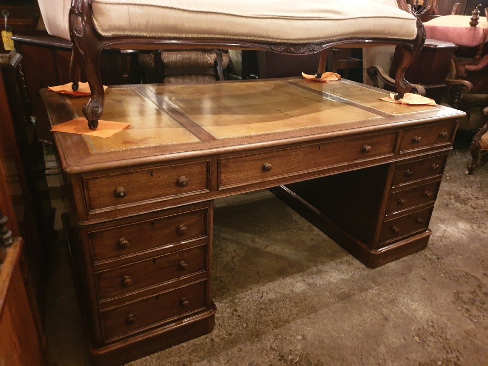 Large mahogany double pedestal partners desk.  View III