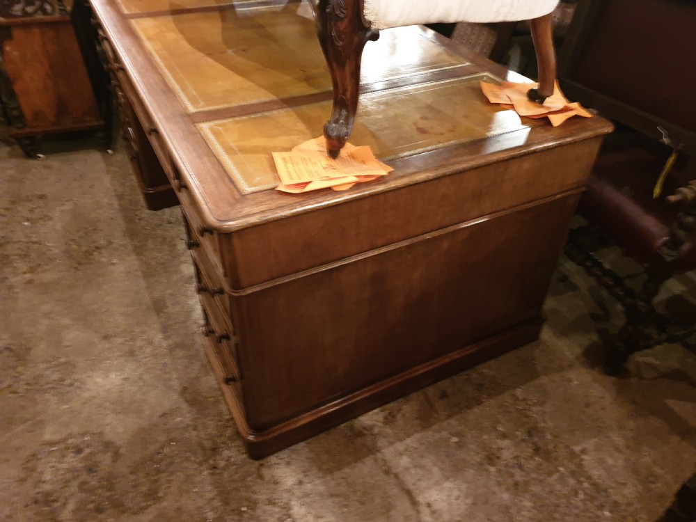 Large mahogany double pedestal partners desk.  View IV