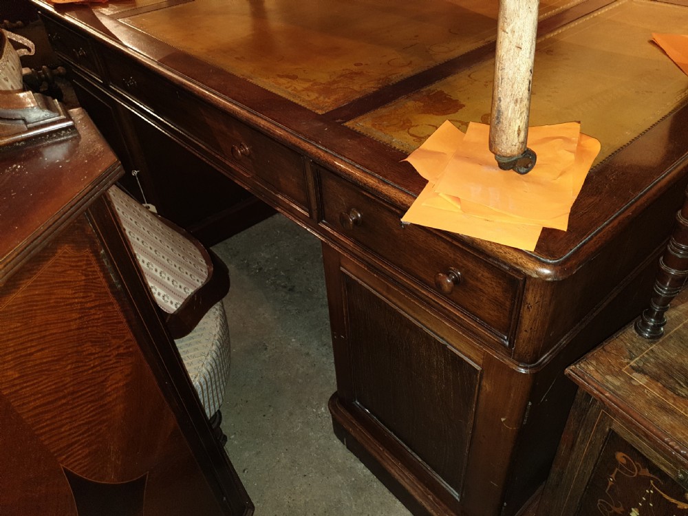 Large mahogany double pedestal partners desk.  View V