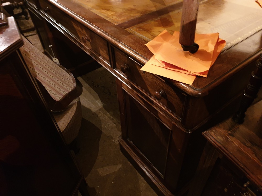 Large mahogany double pedestal partners desk.  View VII
