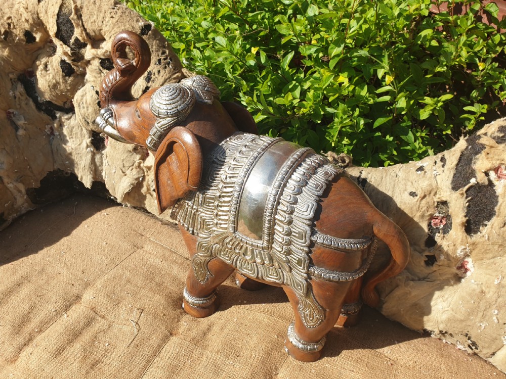 Good sized carved Teak and silver Elephant  View IX