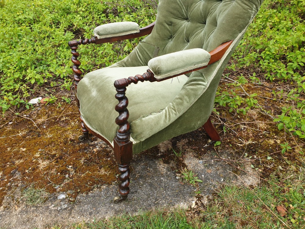 Early Victorian rosewood twist frame upholstered armchair  View II