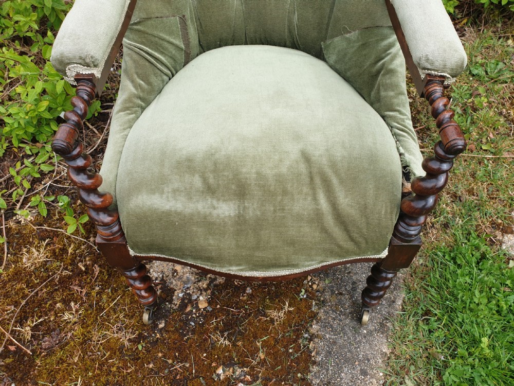 Early Victorian rosewood twist frame upholstered armchair  View V