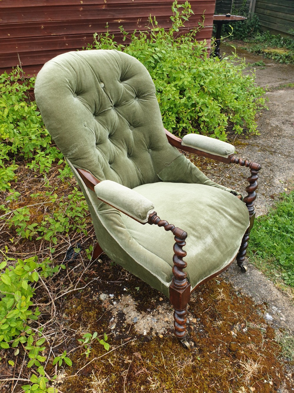 Early Victorian rosewood twist frame upholstered armchair  View III