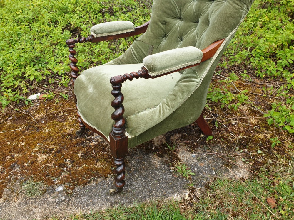 Early Victorian rosewood twist frame upholstered armchair  View IV