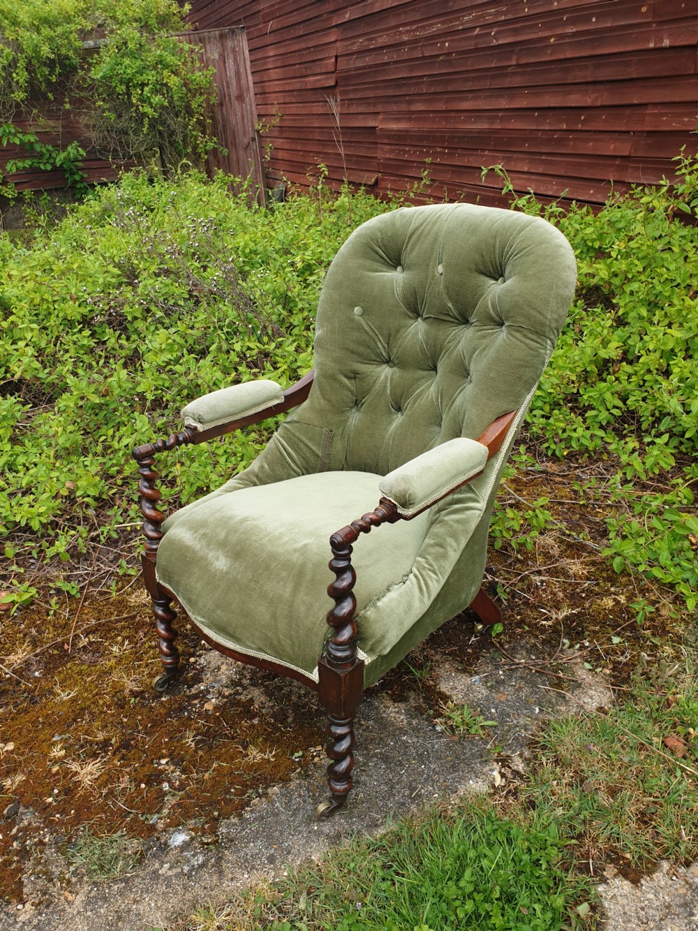 Early Victorian rosewood twist frame upholstered armchair  View VI