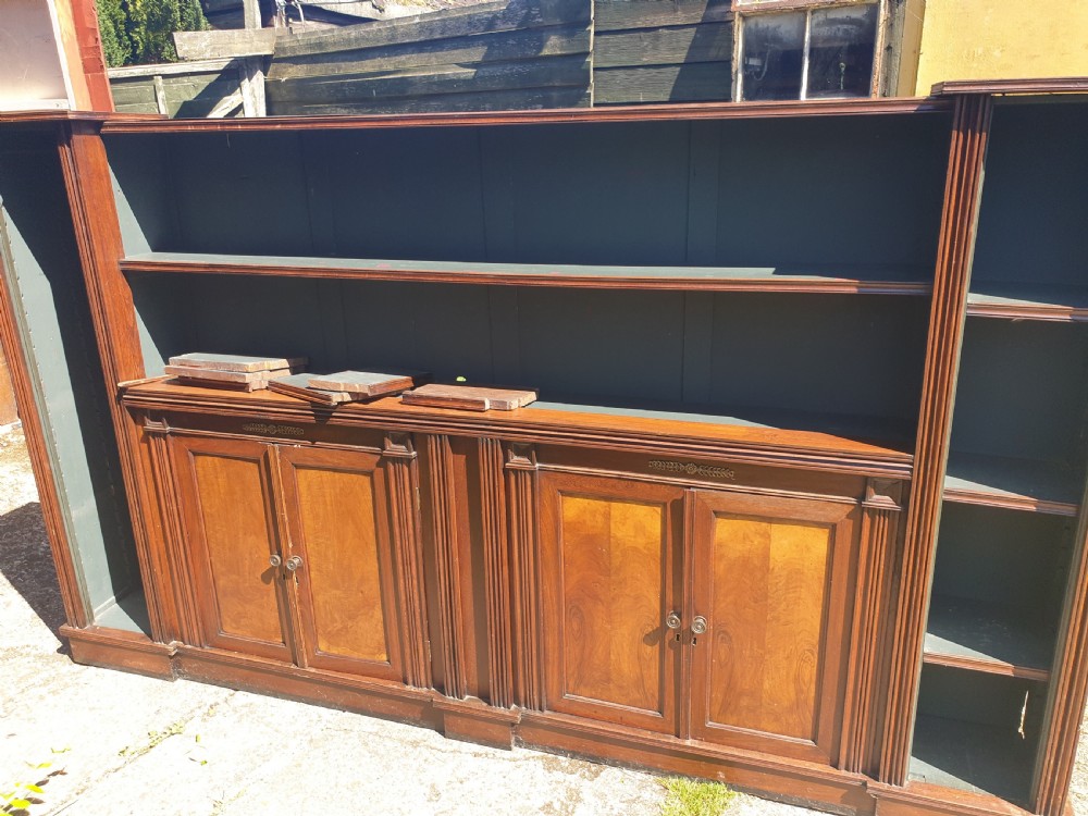 Useful long Victorian open front bookcase with cupboards.  View IV