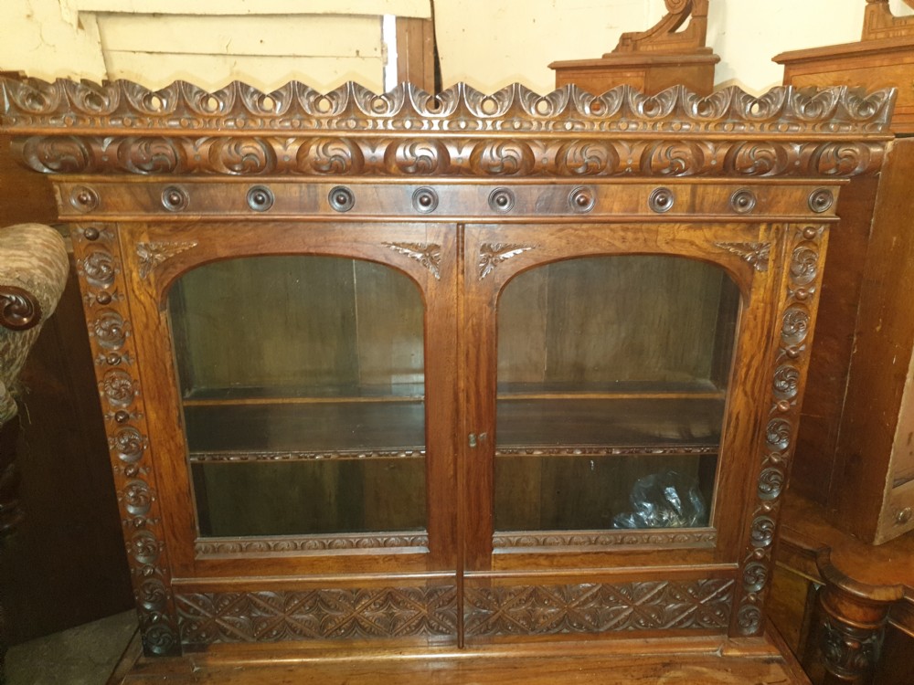Neat 19th century carved rosewood bookcase cabinet  View II