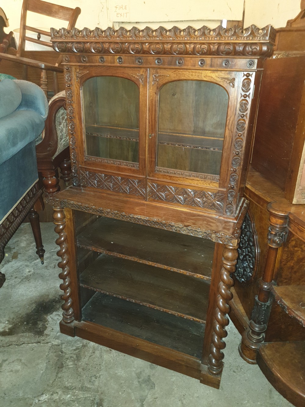 Neat 19th century carved rosewood bookcase cabinet  View IV