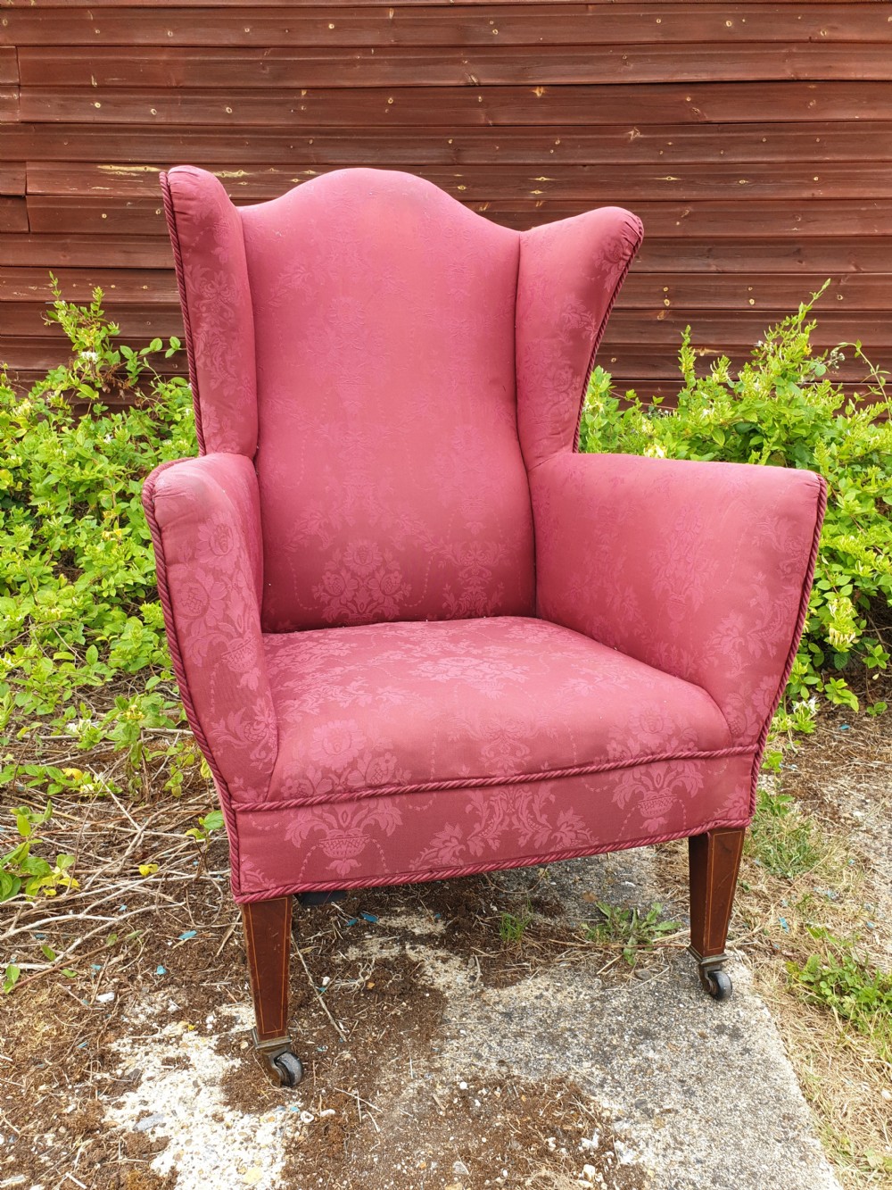 Edwardian inlaid mahogany wing back upholstered chair of good size.  View II