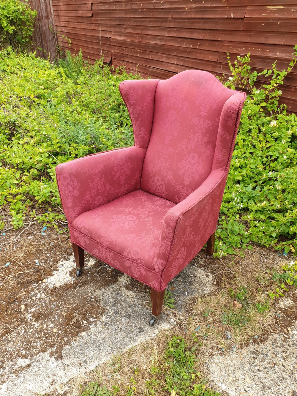 Edwardian inlaid mahogany wing back upholstered chair of good size.  View III