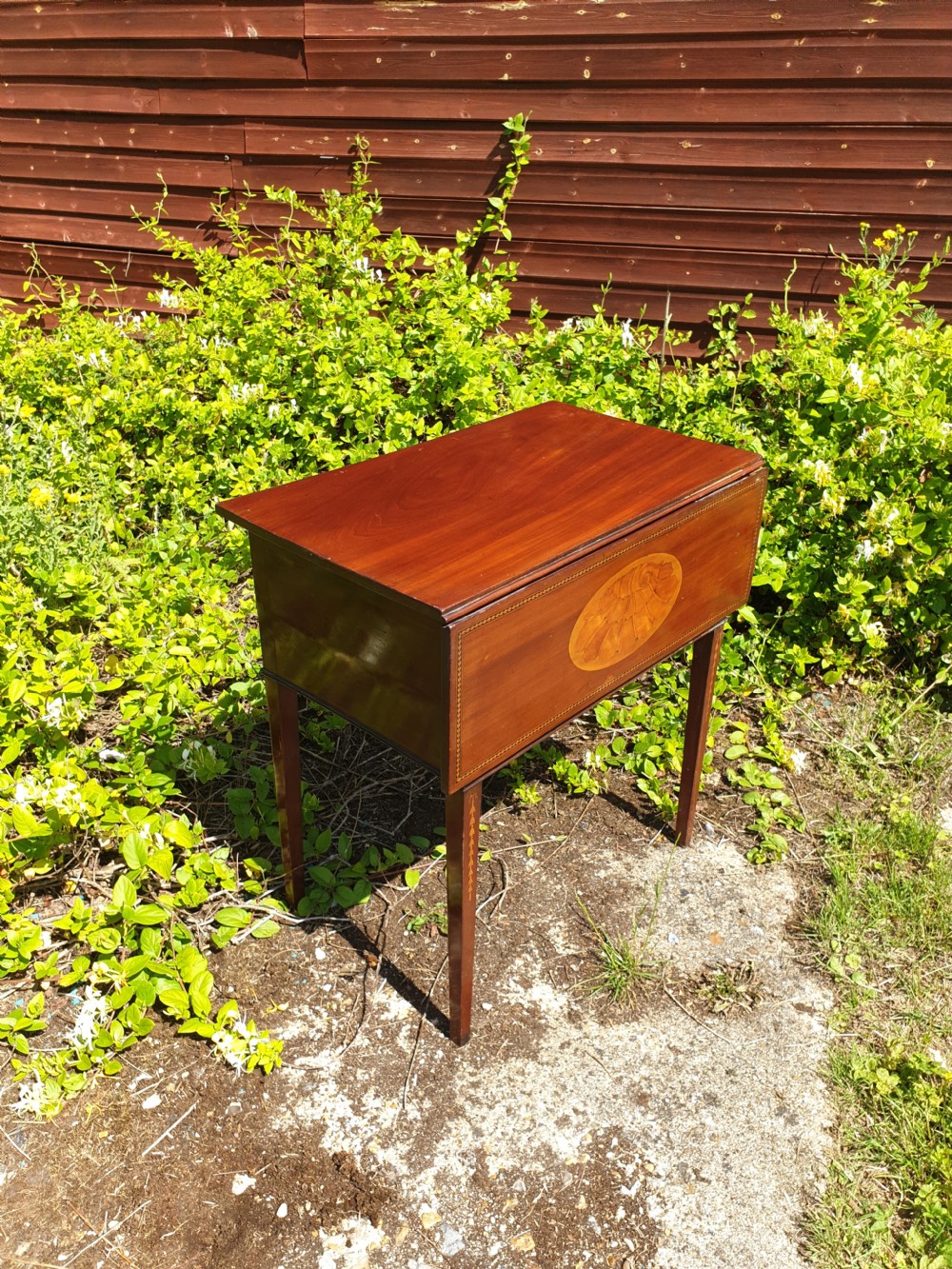Early 19th century inlaid drop flap night table. View IV