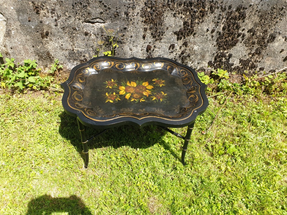 19th century decorated tray on stand
