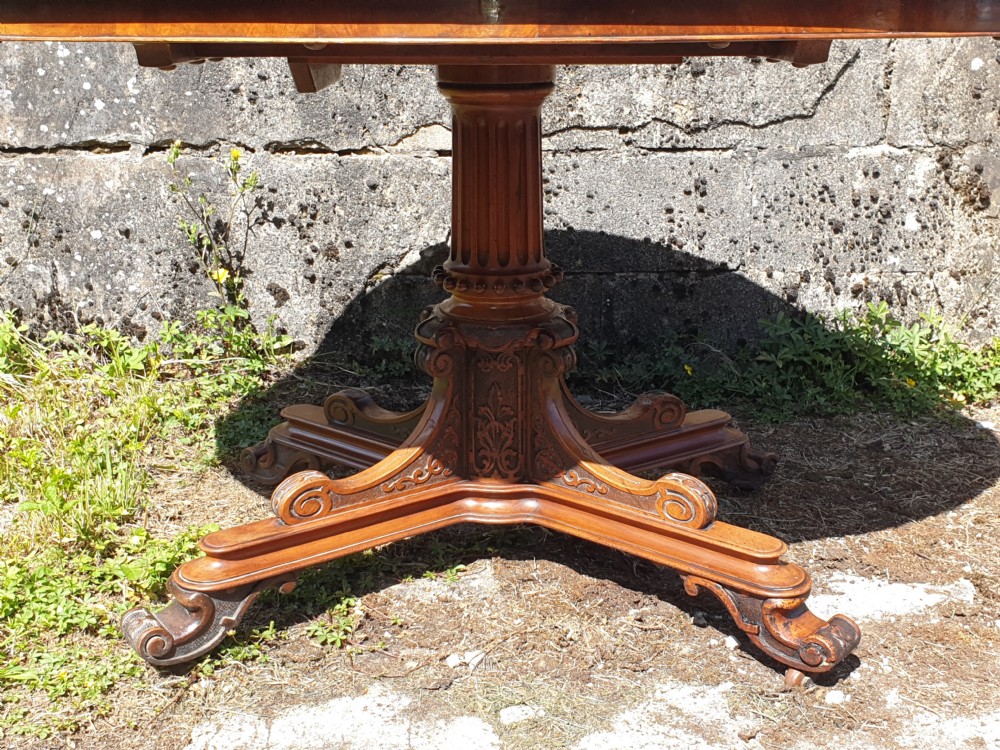 Victorian inlaid walnut pedestal tip top table. View IV