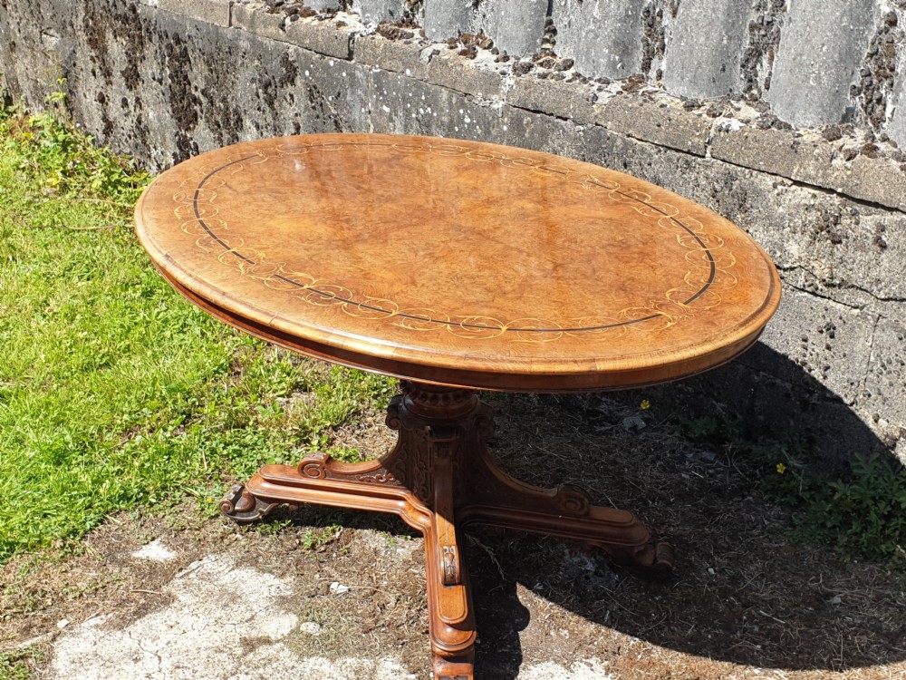 Victorian inlaid walnut pedestal tip top table. View VIII