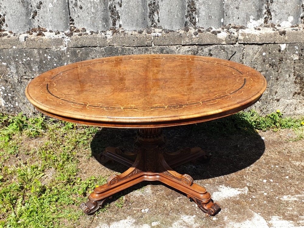 Victorian inlaid walnut pedestal tip top table. View IX