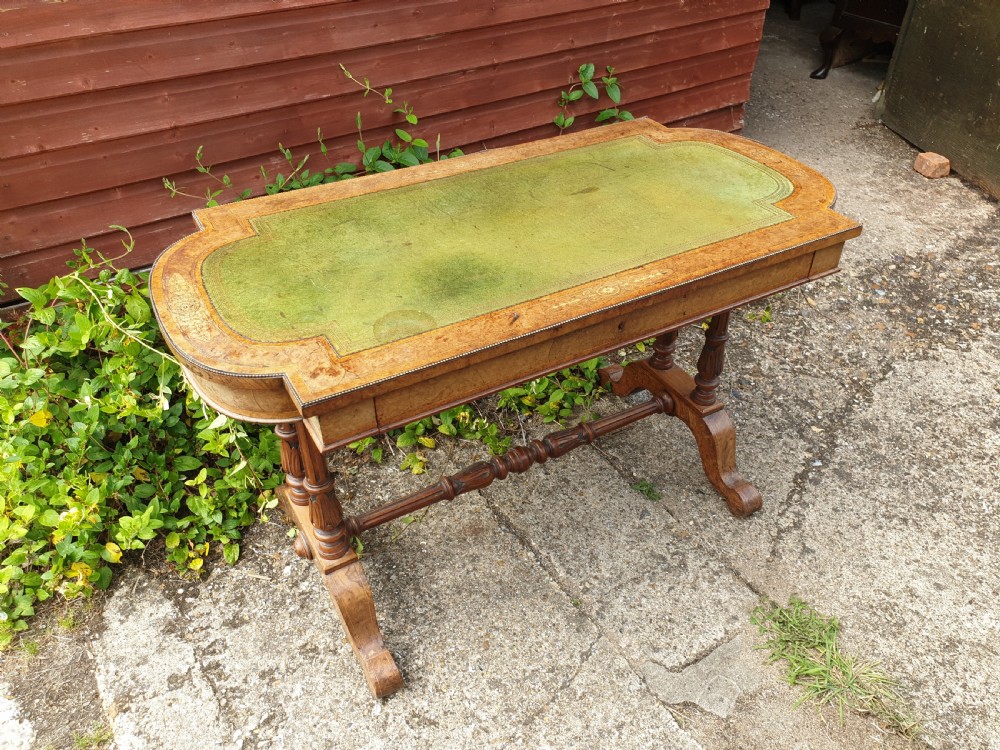 Victorian inlaid walnut single drawer writing table. 
